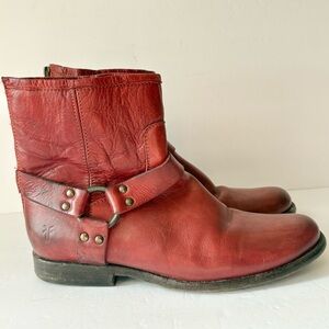 Frye Red Leather Phillip Harness Ankle Boots